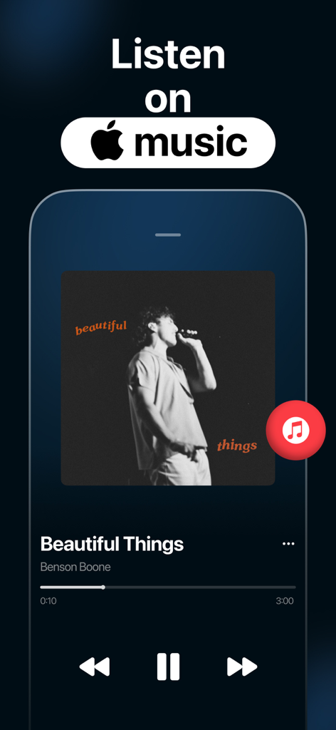 Music Finder: Song Recognition - Interfaz de la aplicación Music Finder que muestra una canción identificada y el botón Escuchar en Apple Music