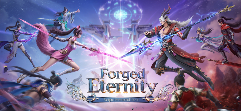 Promotional artwork for Eternal Sword Pact showing anime style fantasy characters with magic weapons in a celestial landscape