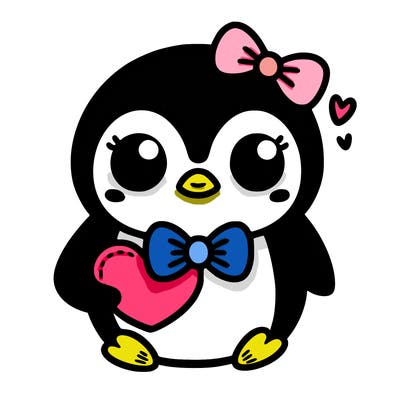 cute penguin with bow tie holding heart