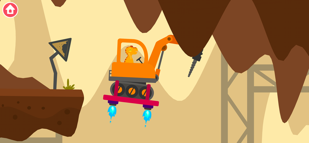 Un dinosaure mignon pilotant une pelleteuse orange volante avec des propulseurs et une perceuse dans une grotte.