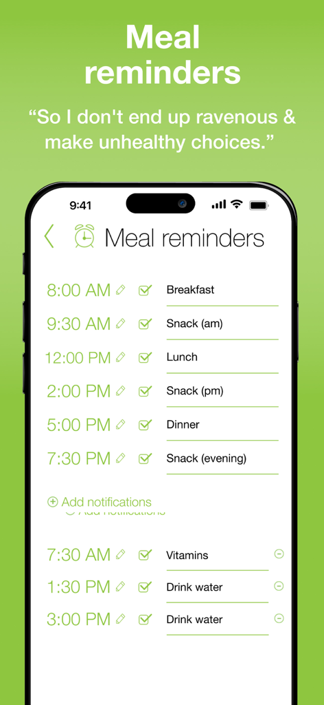 Food Diary See How You Eat Log - Una interfaz móvil que muestra una lista programada de recordatorios de comidas e hidratación para ayudar a mantener un ritmo de alimentación regular.