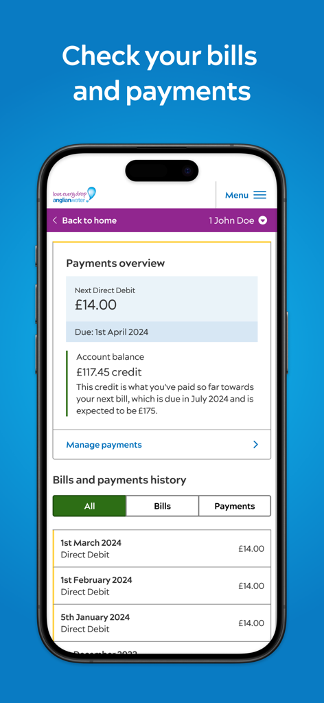 Anglian Water MyAccount app interface showing payments overview and billing history