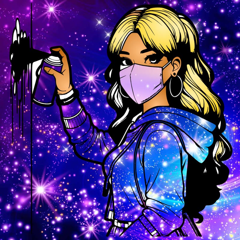 realistic girl with mask spray painting a wall