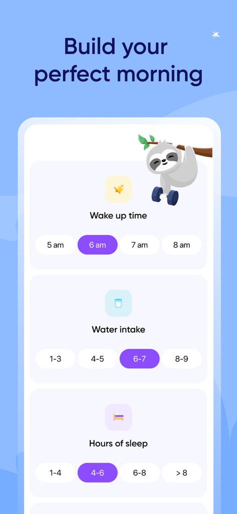Hapday app interface for building a morning routine with settings for wake up time water intake and hours of sleep