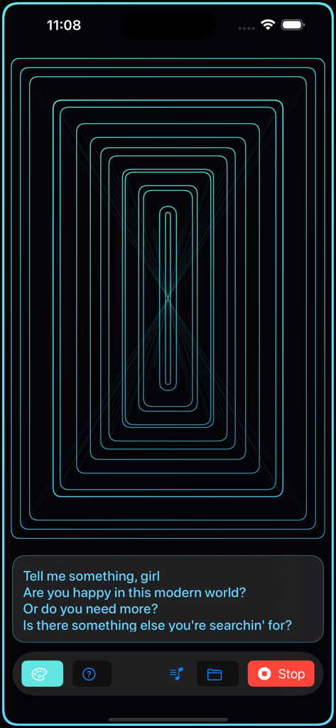 Live Audio & Music Visualizer - Una interfaz de visualizador de música con un diseño de túnel geométrico azul con transcripción de letras de voz a texto en vivo en la parte inferior.