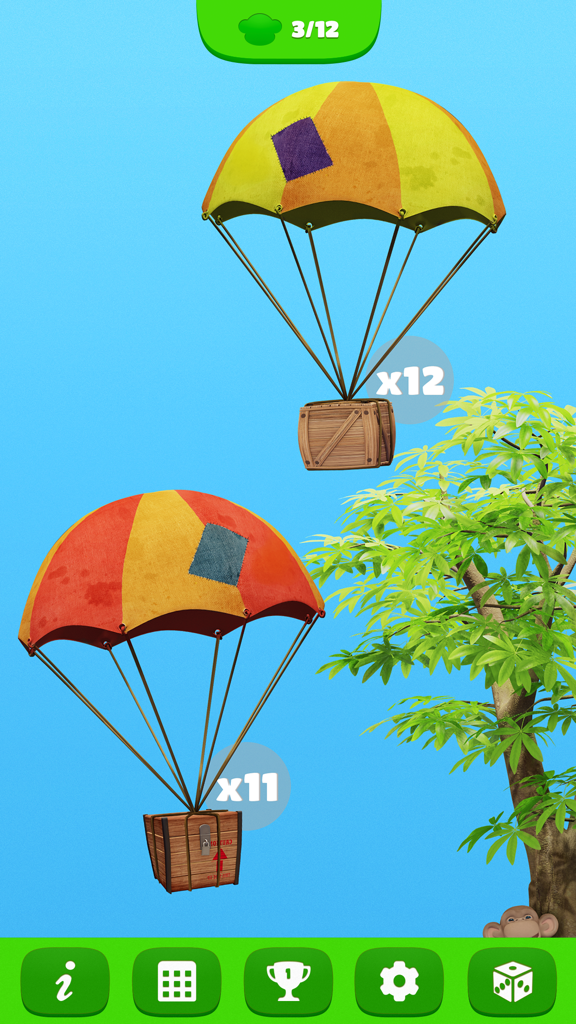 Educational multiplication game screen showing parachuting crates and a monkey character