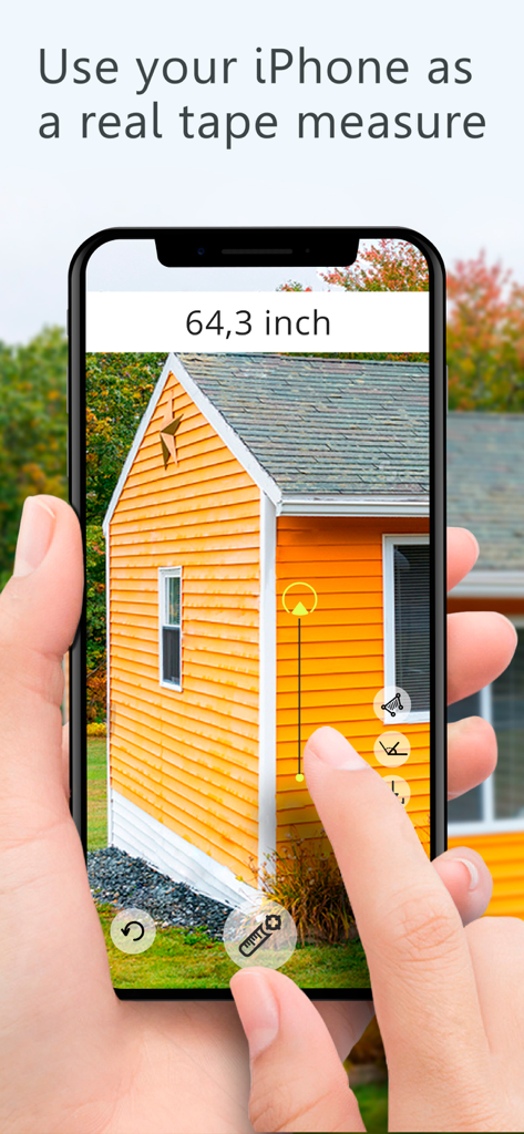 Ruler AR - Tape Measure Camera - Person using an iPhone with Ruler AR app to measure the exterior height of an orange building