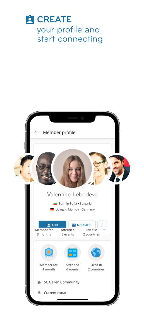 InterNations - InterNations-App-Mitgliederprofil-Bildschirm mit Expat-Community-Funktionen und Verbindungsoptionen.