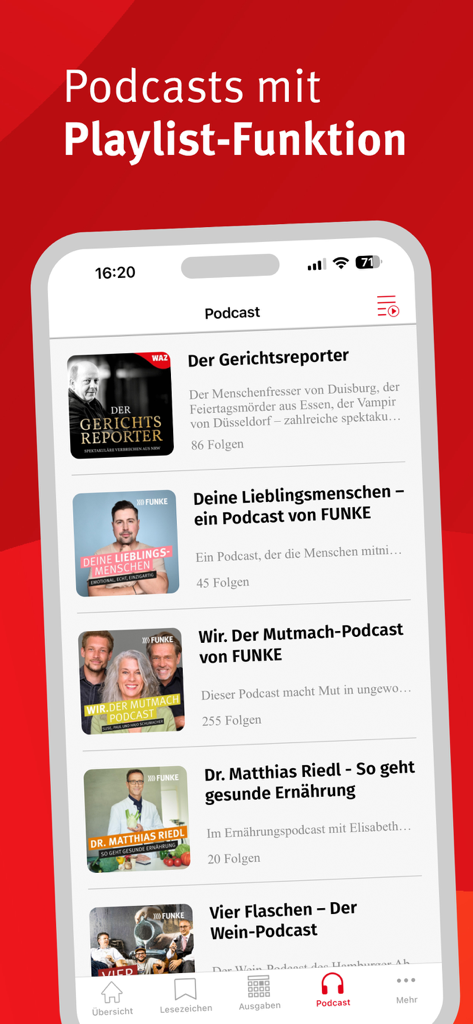 WAZ E-Paper - Ein mobiler Bildschirm, der den Podcast-Bereich der WAZ E-Paper App mit verschiedenen Podcast-Titeln in deutscher Sprache zeigt.