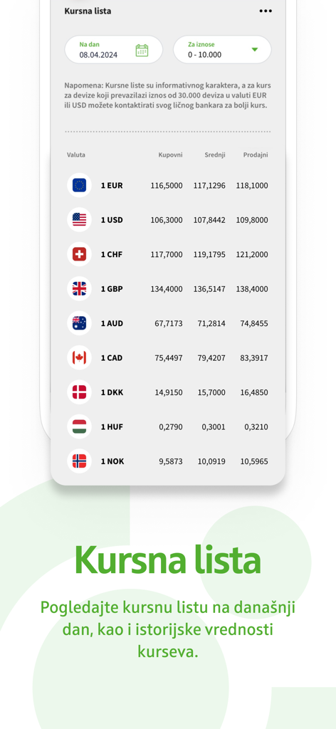 OTP biznis m-bank - Exchange rate list in the OTP biznis m-bank app showing buying and selling rates for multiple currencies including Euro and US Dollar