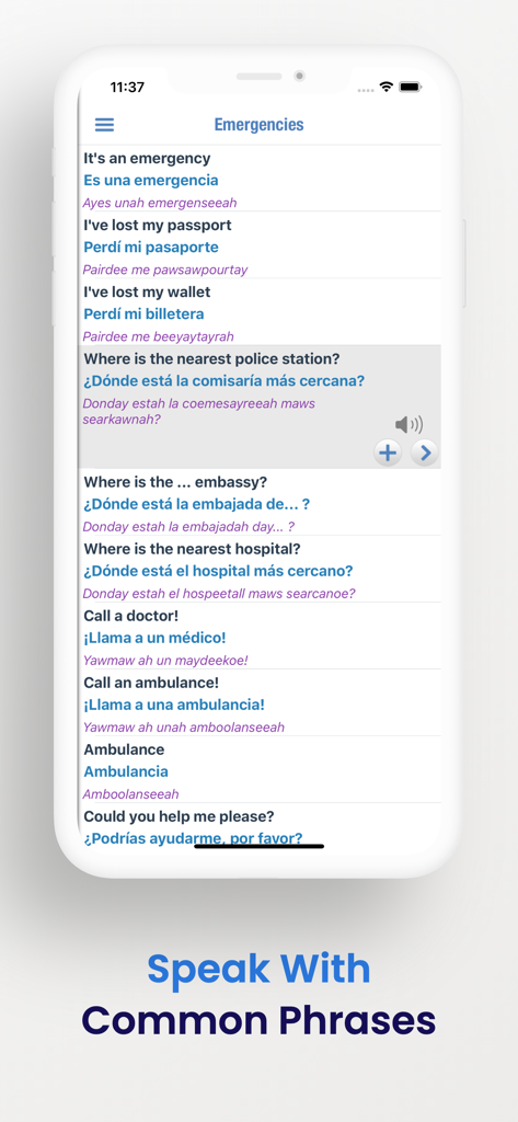 Spanish Dictionary + - App interface showing common Spanish emergency phrases and phonetic pronunciation