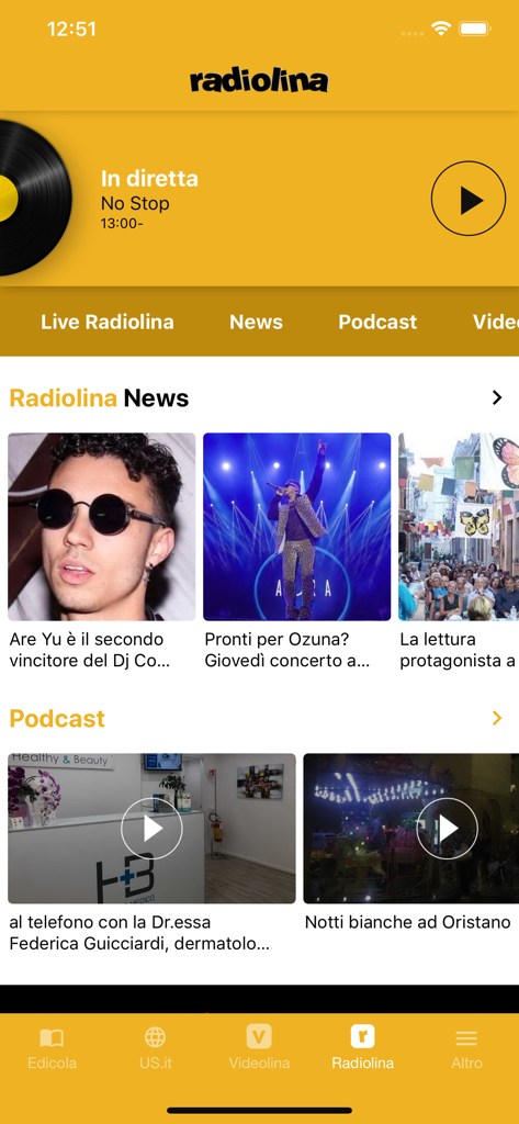 Sección de Radiolina de la aplicación L'Unione Digital mostrando el reproductor de radio en vivo y el feed de noticias