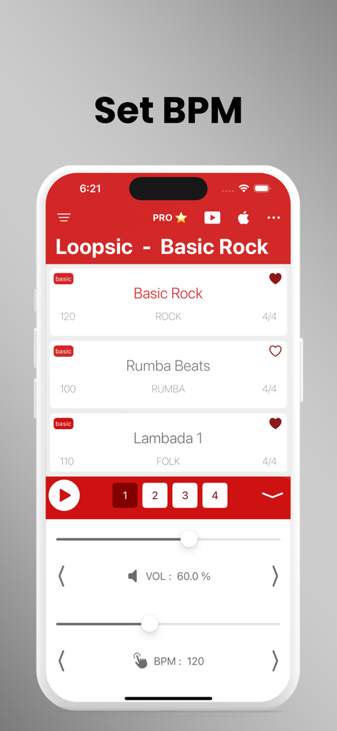 Loopsic - Best Drum Loops - Interface do aplicativo Loopsic mostrando a tela de seleção de batida de bateria com controles de ajuste de BPM e volume.