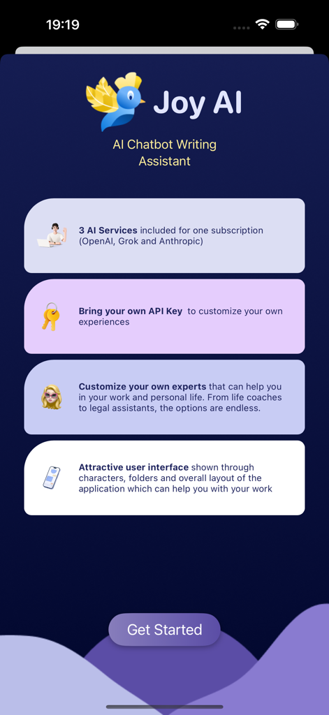 Joy AI - Joy AI onboarding screen detailing features including OpenAI and Anthropic integration and custom API key options