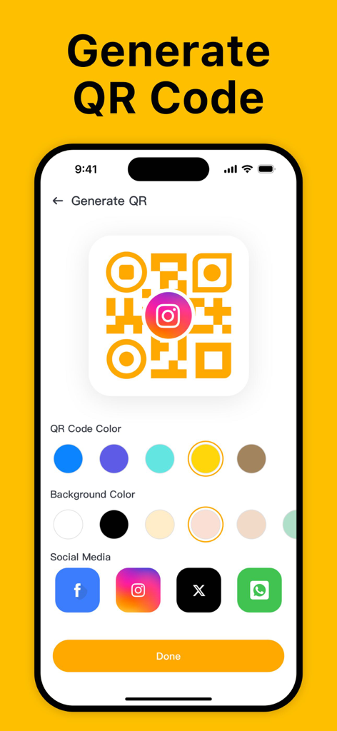 A mobile interface for generating custom social media QR codes with color and logo options.