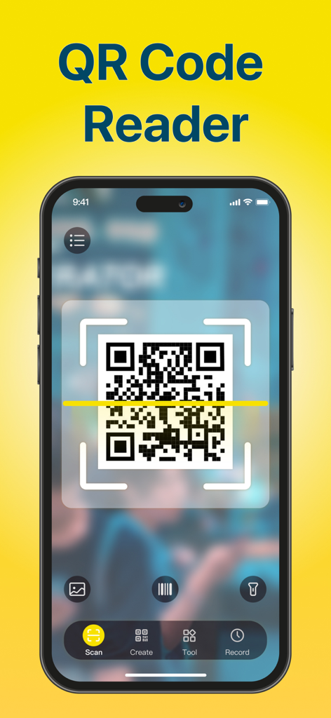 QR Code Reader & Barcode · - A smartphone showing the QR Code Reader app scanning a code with a yellow interface