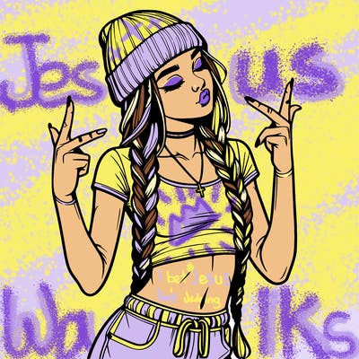 realistic teenage girl with braids and a beanie and crop top doing 🫶🏼