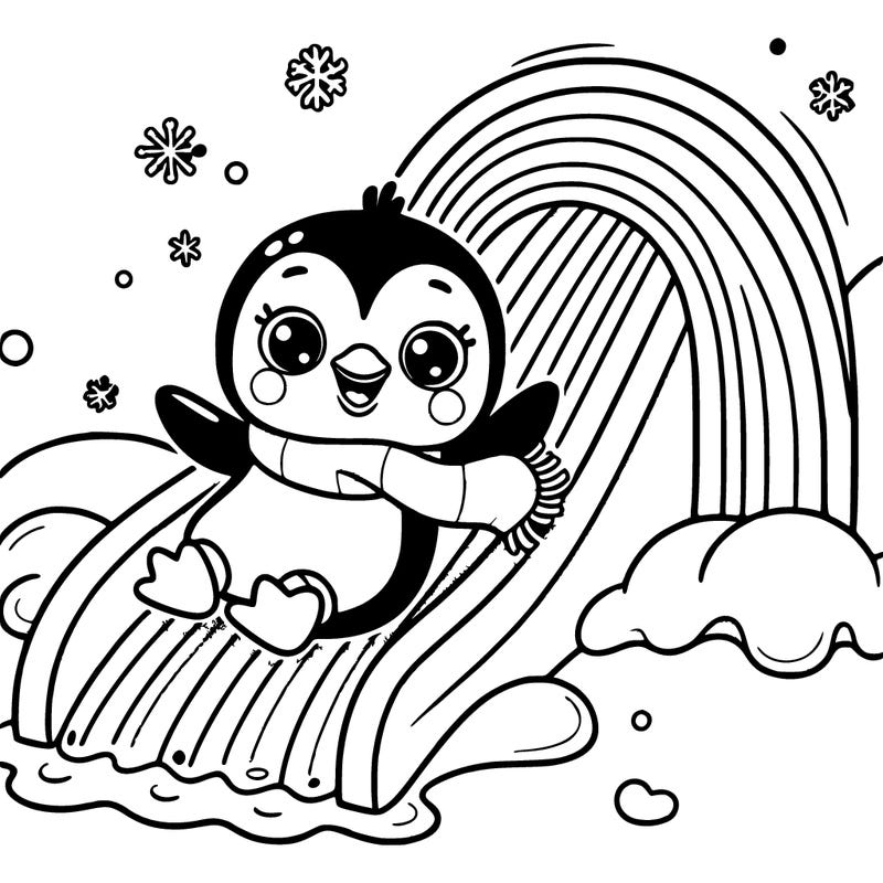 cartoon penguin sliding on an icy rainbow slide
