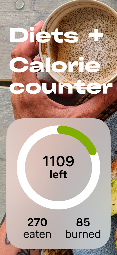 Diet: Weight loss Healthy food - Interfaz de la app Diet mostrando el seguimiento de calorías diarias y objetivos