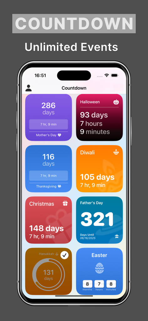 Pantalla de la aplicación Micro Widget mostrando varios widgets coloridos de cuenta regresiva para días festivos como Navidad y Halloween.