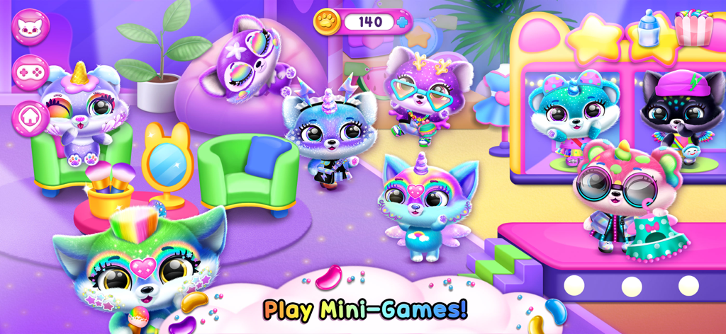 A group of colorful Fluvsies pets in a fashion salon with a play mini games caption.