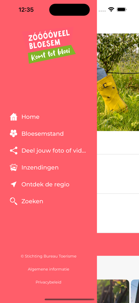 Bloesemalert - Navigation menu of the Bloesemalert app displaying blossom status and regional discovery options.