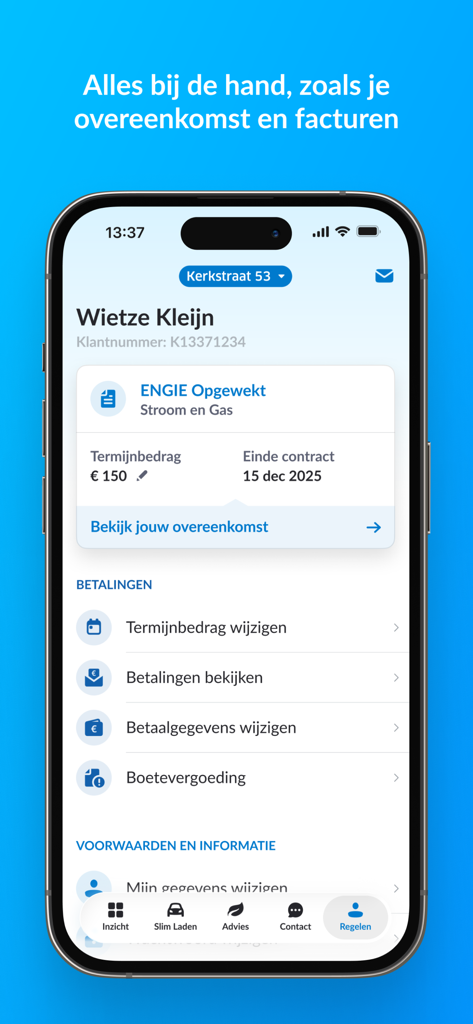 ENGIE Energie NL - Interface of the ENGIE Energie NL app showing user account details and payment management options