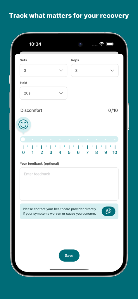 Vita-Health - Interface do aplicativo Vita-Health para registrar séries de exercícios, repetições e níveis de desconforto durante a reabilitação
