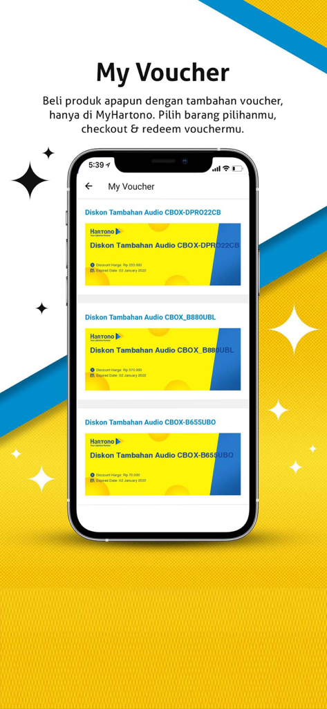 The My Voucher screen in the MyHartono app listing available discounts for electronics