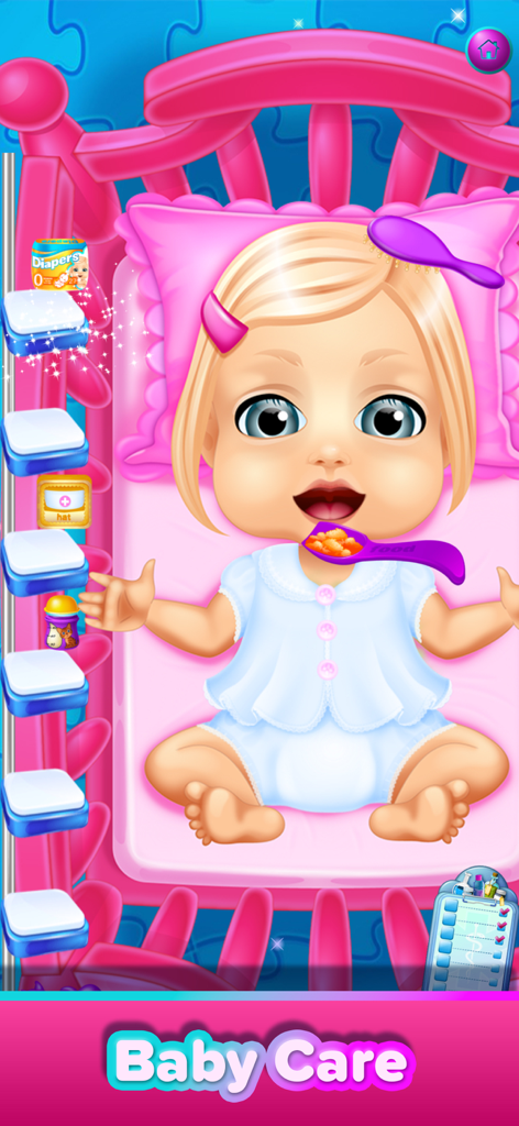 Play Toy & Pet Doctor - Un bebé de dibujos animados en una cuna rosa siendo alimentado y arreglado en el nivel de Cuidado de Bebés de la aplicación.