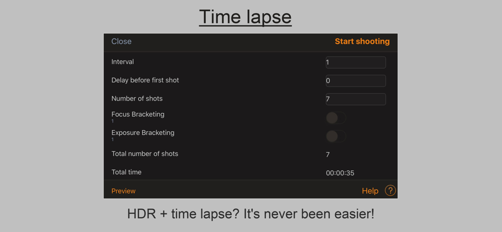 Helicon Remote - Helicon Remote app time lapse settings interface showing interval and shot count configuration