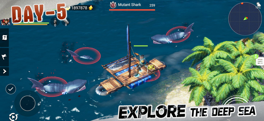 Character on a wooden raft surrounded by mutant sharks in the ocean from LOST in BLUE survival game.