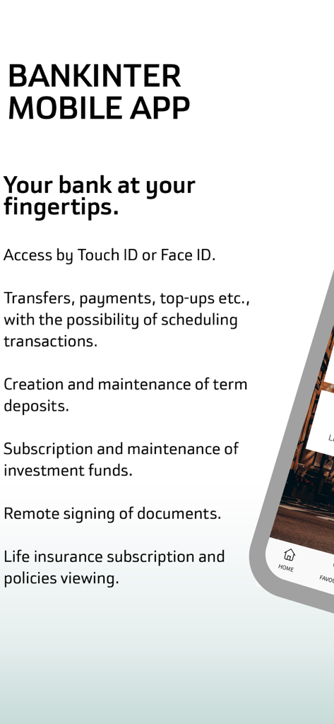 List of key features for the Bankinter Portugal mobile banking app including secure access and investment management