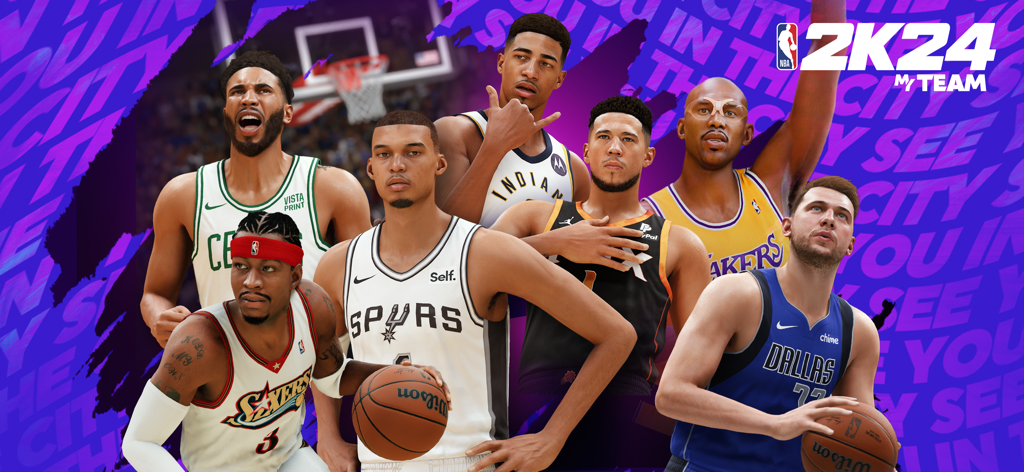 Promotional banner for NBA 2K24 MyTEAM featuring a lineup of current and legendary NBA star players.