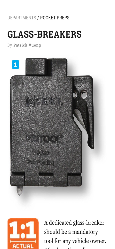RECOIL OFFGRID Magazine - A tactical glass breaker tool featured in the Pocket Preps section of RECOIL OFFGRID Magazine.