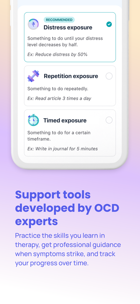 NOCD: OCD Therapy and Tools - NOCDアプリの画面。苦痛と曝露エクササイズのためのERPセラピーツールを表示。