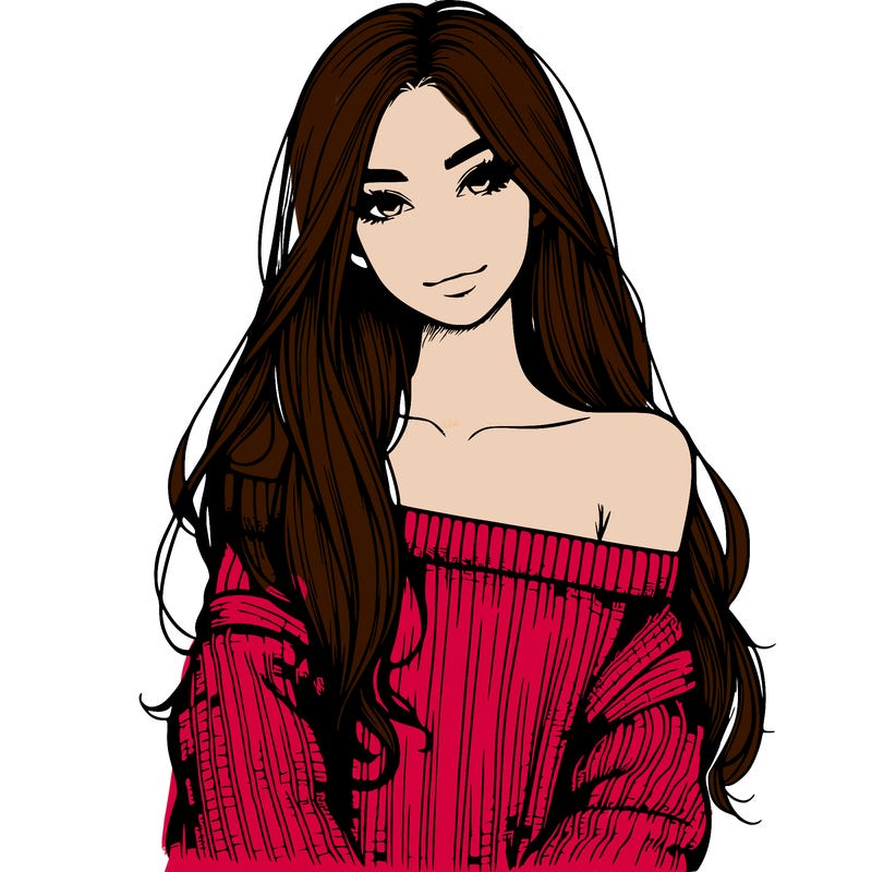 realistic girl with long hair wearing an off the shoulder sweater