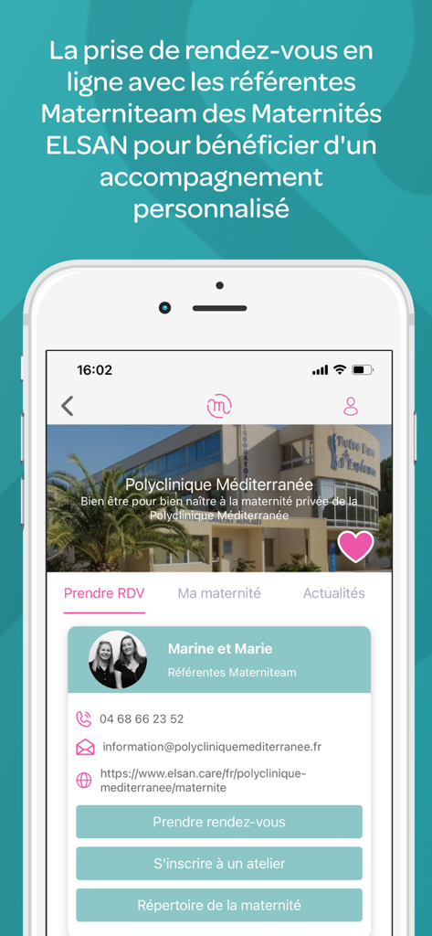 Interface for booking maternity appointments and workshops in the Materniteam app