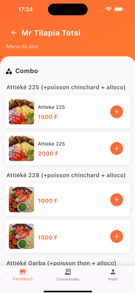 Mr Tilapia - Menu screen of Mr Tilapia app showing West African meal combos with prices