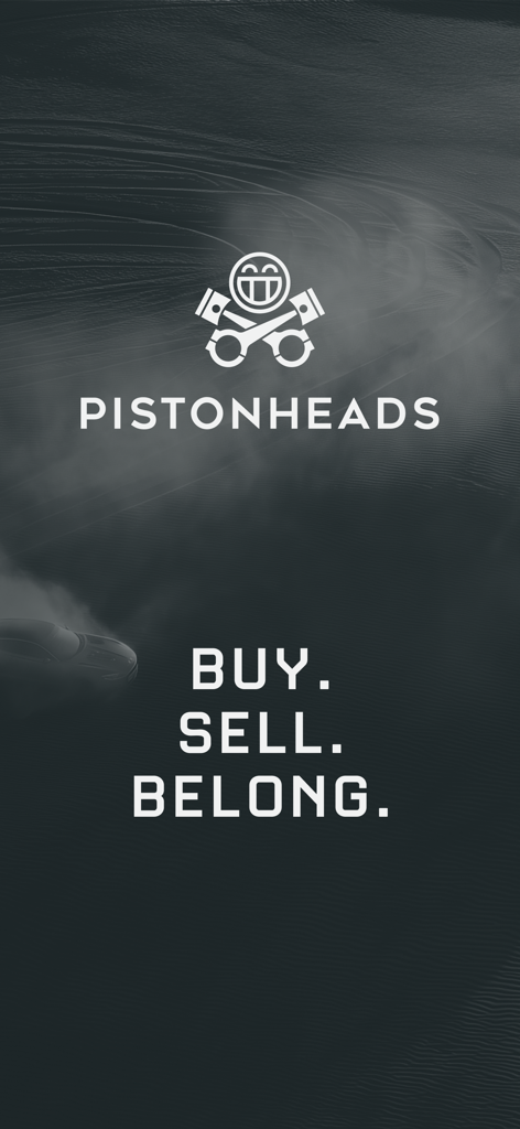 PistonHeads app splash screen with logo and slogan Buy Sell Belong
