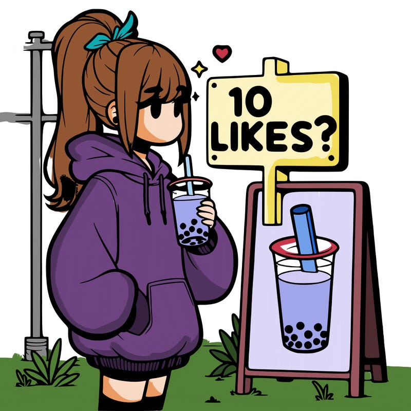 girl with oversized hoodie drinking boba and she has a high ponytail with a sign that says 10likes?