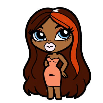 cute girl with hour glass figure and big bratz type of lips, she is wearing a body dress and has long hair and big eyes