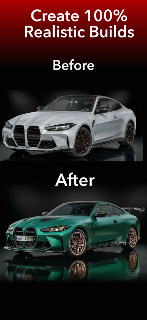 Car Modification AI - Carpeak - Comparación de antes y después de un BMW M4 plateado de serie y una versión modificada con IA en verde mate con llantas personalizadas y alerón.