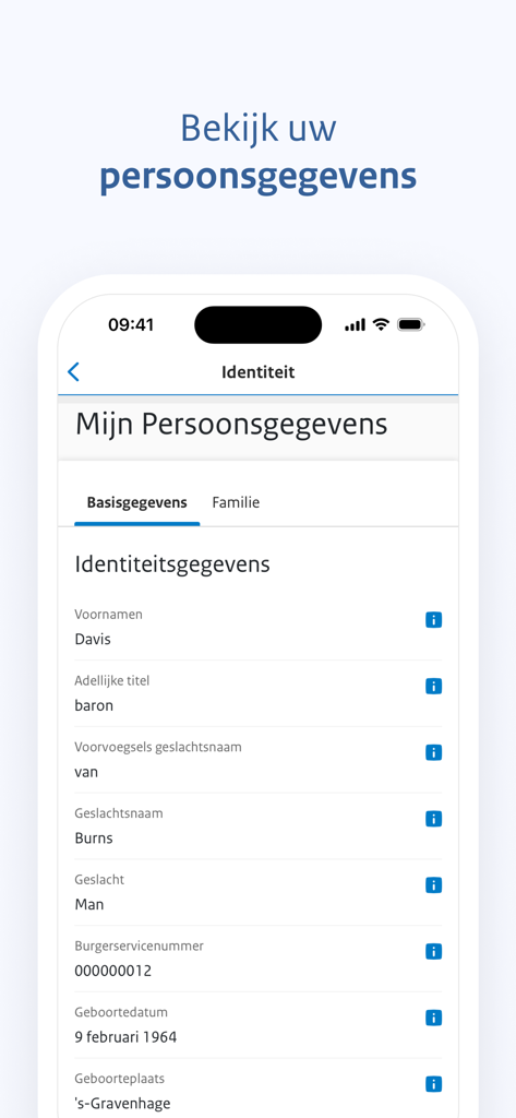 MijnGegevens - Interfaz de la aplicación MijnGegevens mostrando información de identidad personal holandesa.
