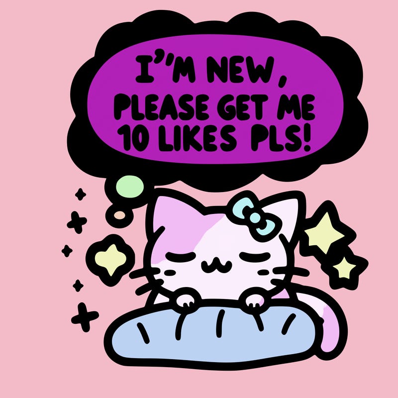 kitty taking a nap dream talking and saying "i'm new, please get me at least 10 likes pls!!"