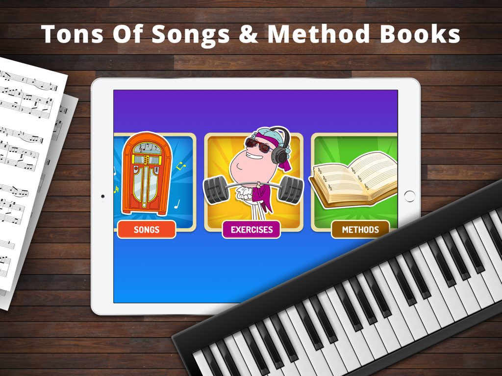 Piano Maestro - La aplicación Piano Maestro en iPad mostrando el menú de canciones, ejercicios y libros de métodos.