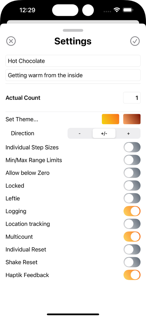 Counter - Tally Meister - El menú de configuración de la aplicación Tally Meister que muestra opciones de personalización como tema, dirección y retroalimentación háptica.