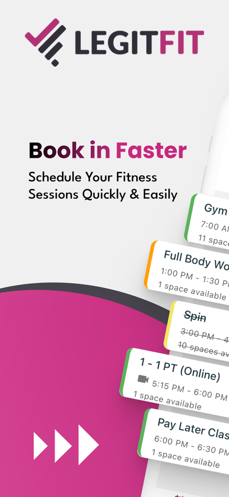 LegitFit - LegitFit app screen for scheduling gym sessions and fitness classes