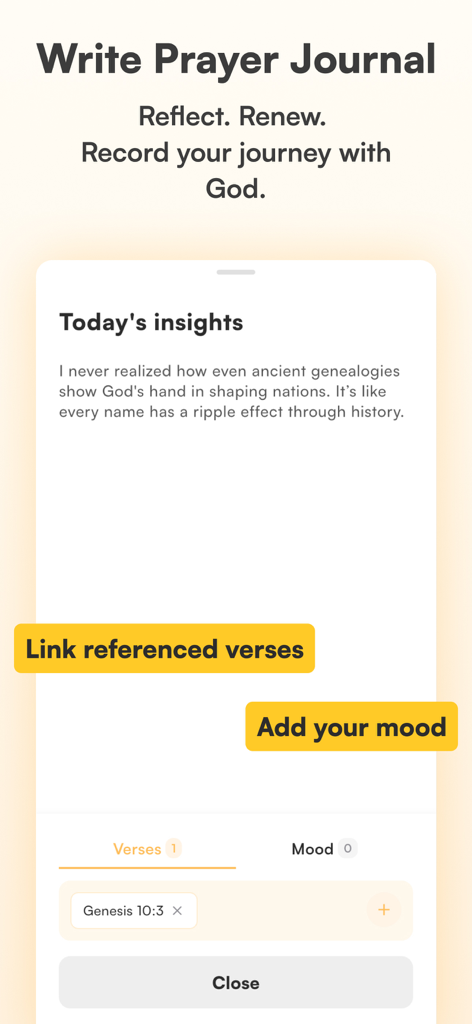 Verse Chat: Bible AI Questions - Interfaz del diario de oración digital en la aplicación Verse Chat que muestra una reflexión personal y versículos bíblicos vinculados.