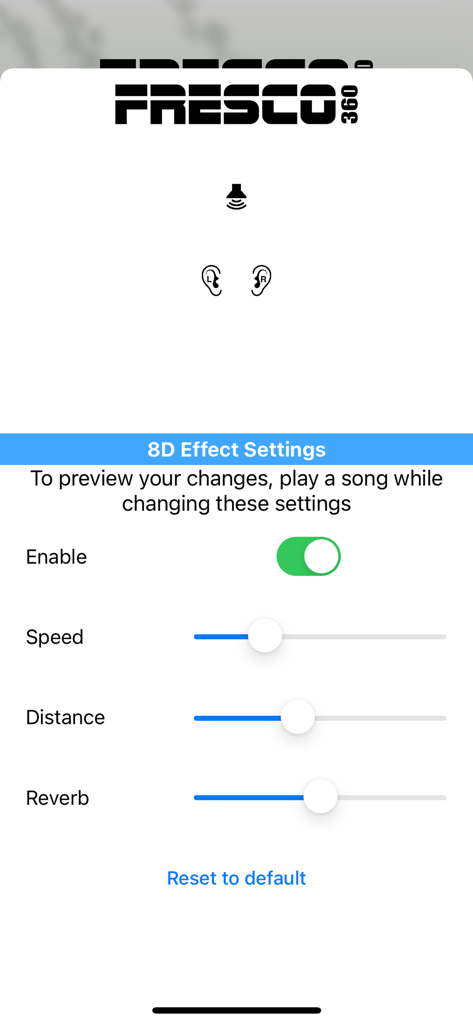 Fresco 360 - 8D Music Player - 8D effect settings menu in Fresco 360 showing speed distance and reverb sliders